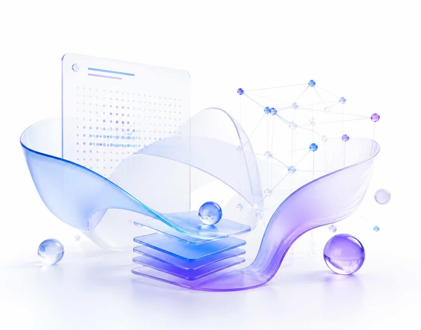 Abstract glass and gradient shapes representing layered AI systems